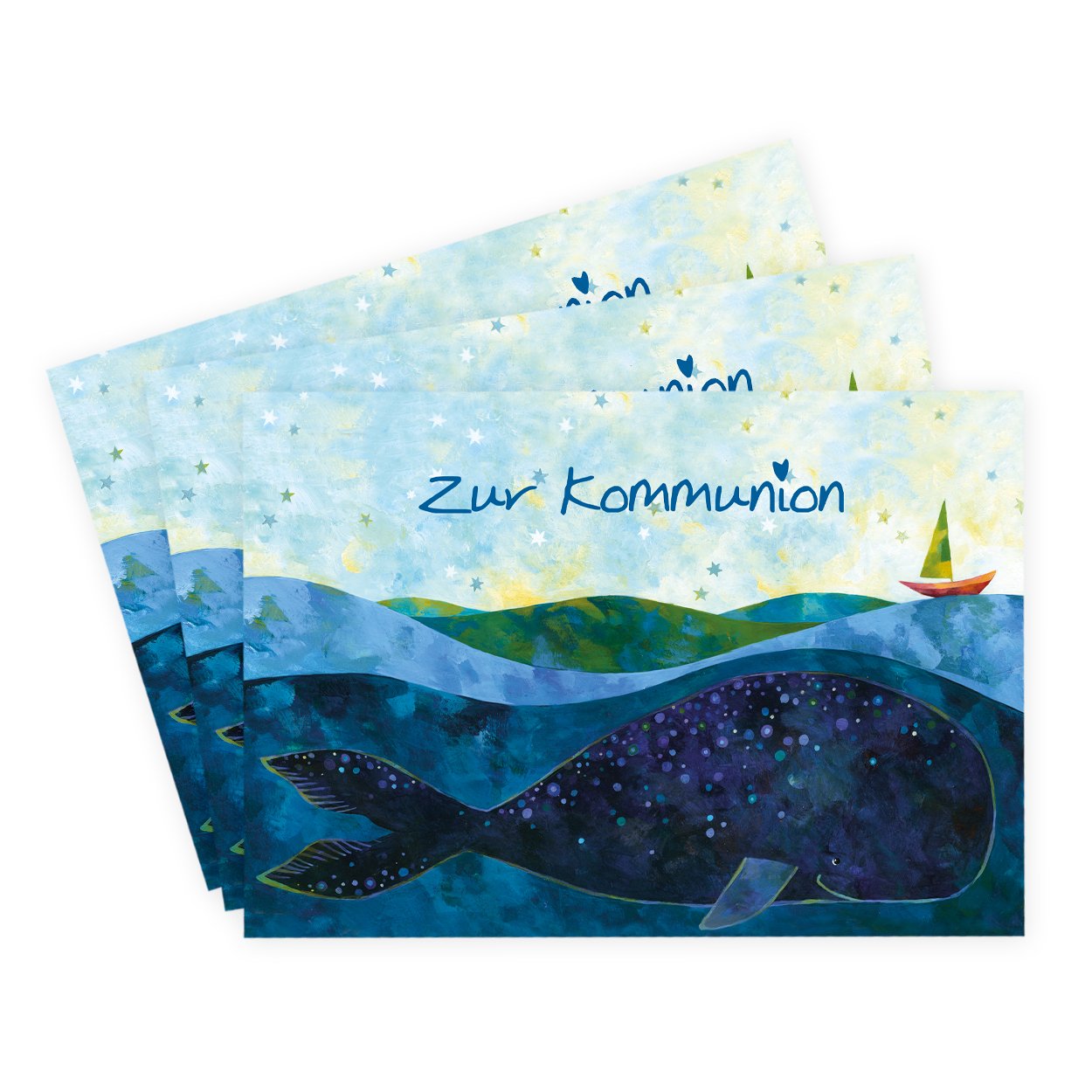 gr-tz-verlag-3er-set-karten-zur-kommunion-motiv-wal-boot-auf-meer-blau image 1